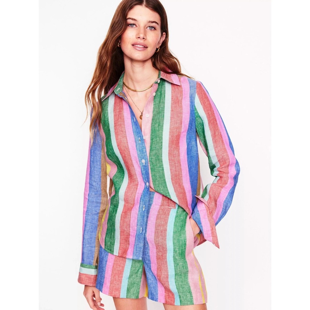 Boden Sienna Stripe Pure Linen Shirt US 8 UK 12 Multicolor Button Down